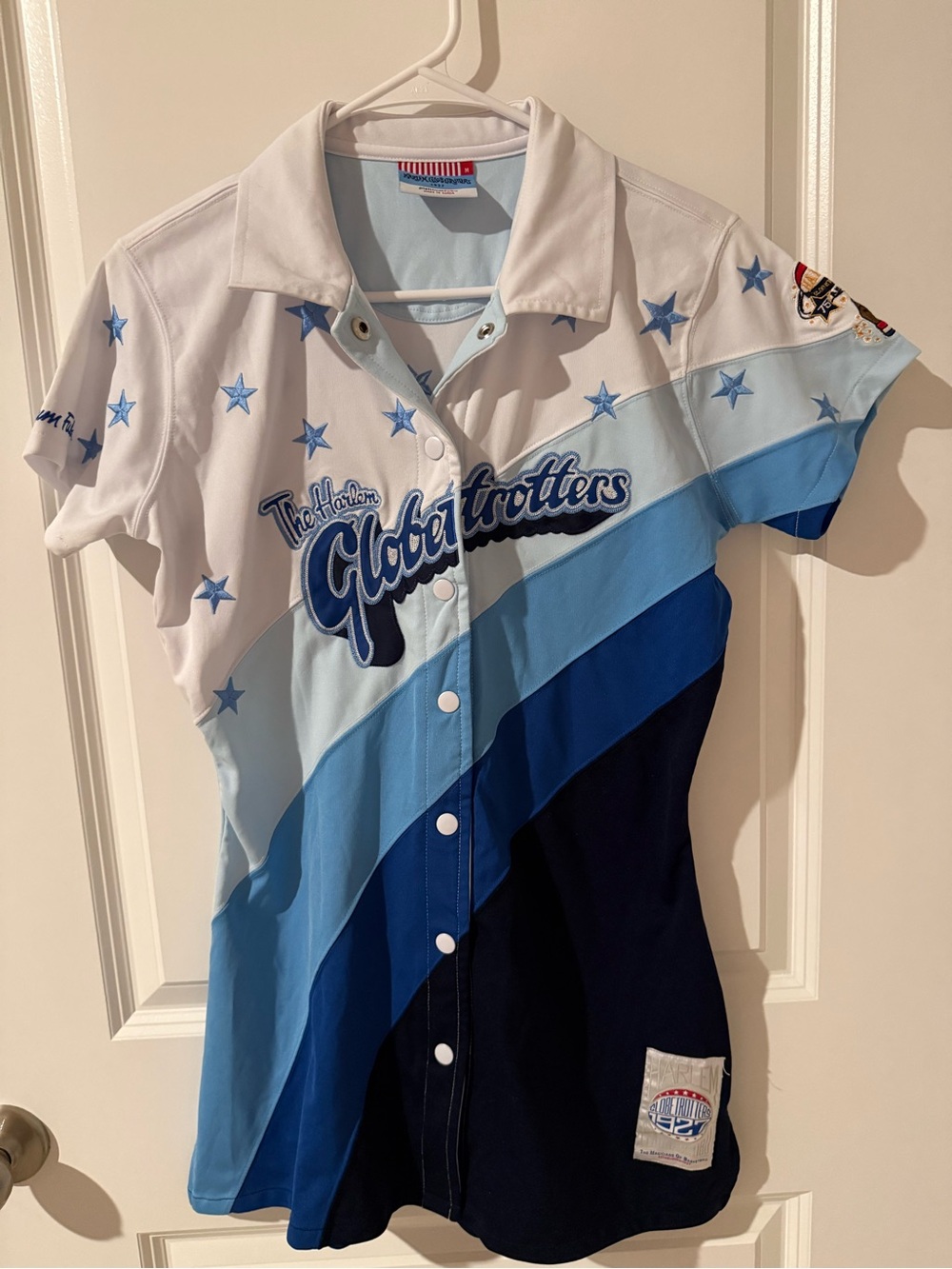 FUBU White, Light Blue & Dark Blue Globetrotters Diagonal Button-Up Dress